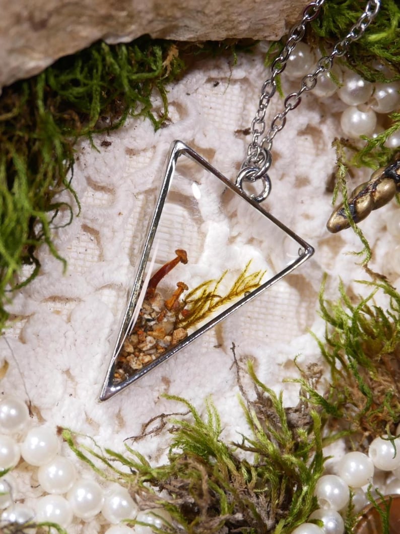 May include: A silver-toned pendant necklace with a clear, triangular resin-filled charm. The charm contains miniature mushrooms, small stones, and dried plant matter. The necklace is displayed on a white lace surface with moss and pearls.