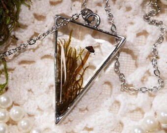 Real Mushroom triangle Terrarium Necklace Jewelry autumn vibe style terrarium jewelry cottagecore fairy resin nature lovers gift