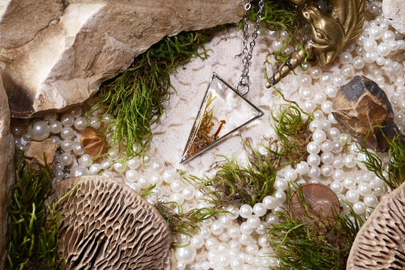 May include: A silver-toned pendant necklace with a clear, triangular resin pendant containing dried plants and a small mushroom. The necklace rests among white pearls, green moss, and a bronze unicorn figurine. The scene is set in a natural, earthy display.