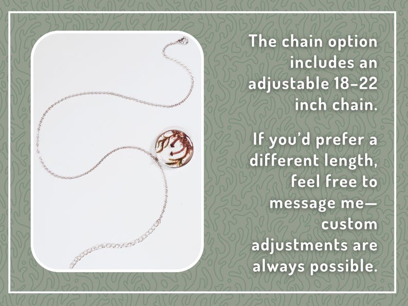 May include: Silver-toned necklace with a circular pendant featuring a brown and cream design. The chain is adjustable, ranging from 18 to 22 inches. The text on the image says custom adjustments are always possible.