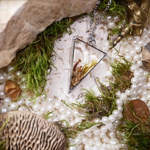 May include: A silver-toned necklace with a triangular pendant. The pendant is clear, showcasing a miniature arrangement of dried mushrooms, small stones, and dried plants. The background features pearls, moss, and decorative elements.