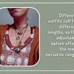 May include: A woman wearing multiple necklaces of varying lengths: 14", 18", 20", and 24". The necklaces are layered over a patterned top and a rust-colored sweater. The image includes text that reads, "Different outfits call for different lengths, so the adjustable option offers the most versatile range."