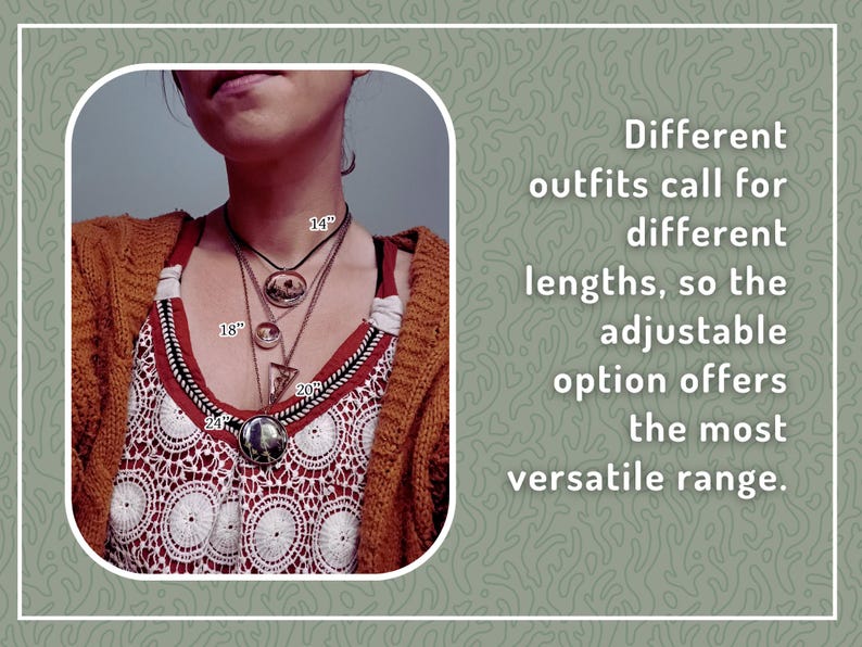 May include: A woman wearing multiple necklaces of varying lengths: 14", 18", 20", and 24". The necklaces are layered over a patterned top and a rust-colored sweater. The image includes text that reads, "Different outfits call for different lengths, so the adjustable option offers the most versatile range."
