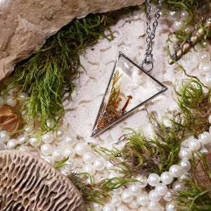 May include: A silver-toned pendant necklace with a triangular glass enclosure. Inside the pendant are small mushrooms and dried plants. The necklace is surrounded by pearls, moss, and a penny.