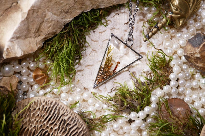 May include: A silver-toned pendant necklace with a triangular glass enclosure. Inside the pendant are small mushrooms and dried plants. The necklace is surrounded by pearls, moss, and a penny.