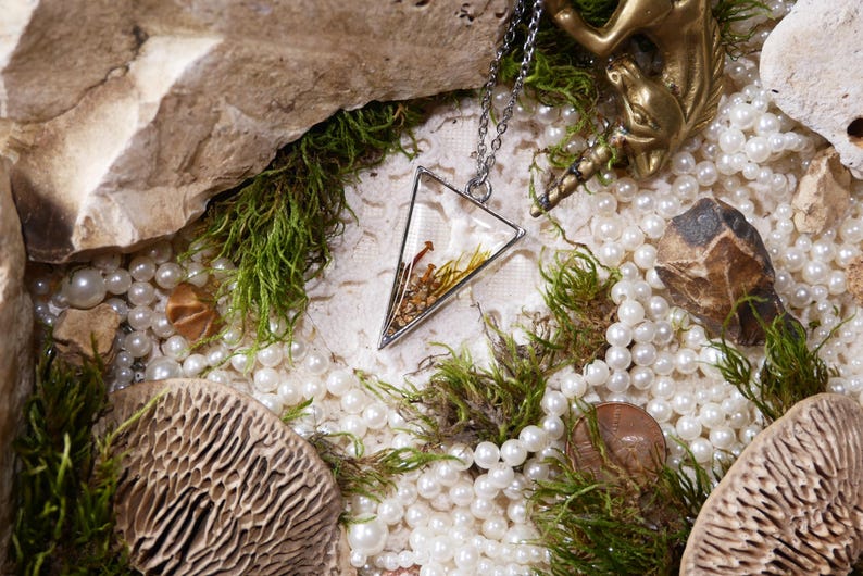 May include: A silver-toned necklace with a triangular pendant filled with dried plants and seeds. The pendant rests among pearls, green moss, and a small brass unicorn figurine. The background includes rocks and a textured surface.