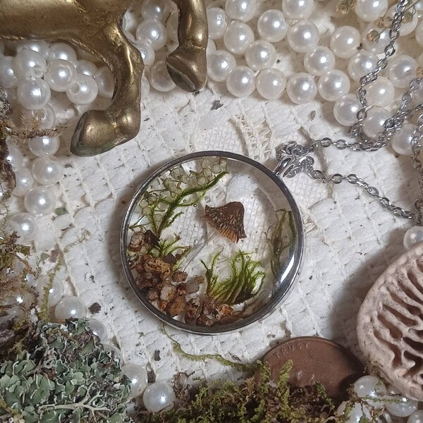 Tiny Weird World in a Pendant: dried flower buds terrarium jewlery real mushroom necklace