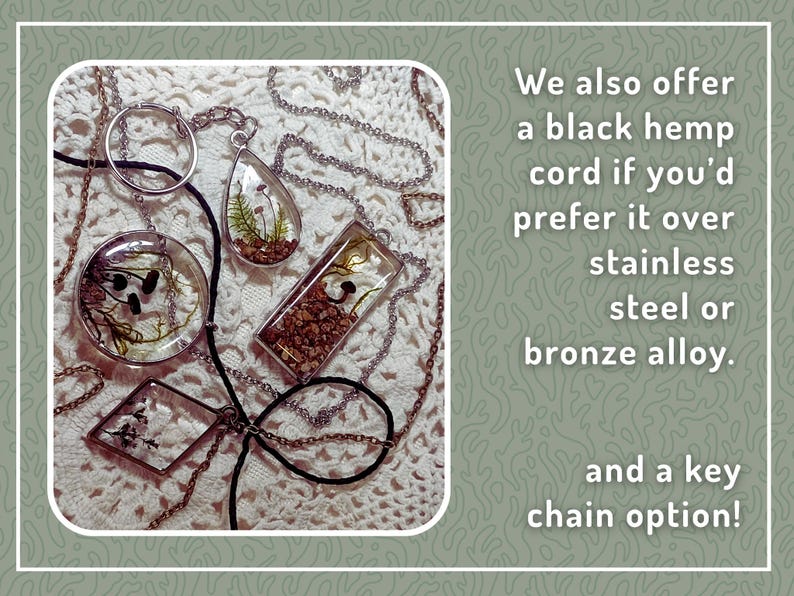 May include: Assorted resin pendants with natural inclusions, including ferns and small stones, displayed on various chains. The image also shows a black hemp cord option and text that says "We also offer a black hemp cord if you'd prefer it over stainless steel or bronze alloy."