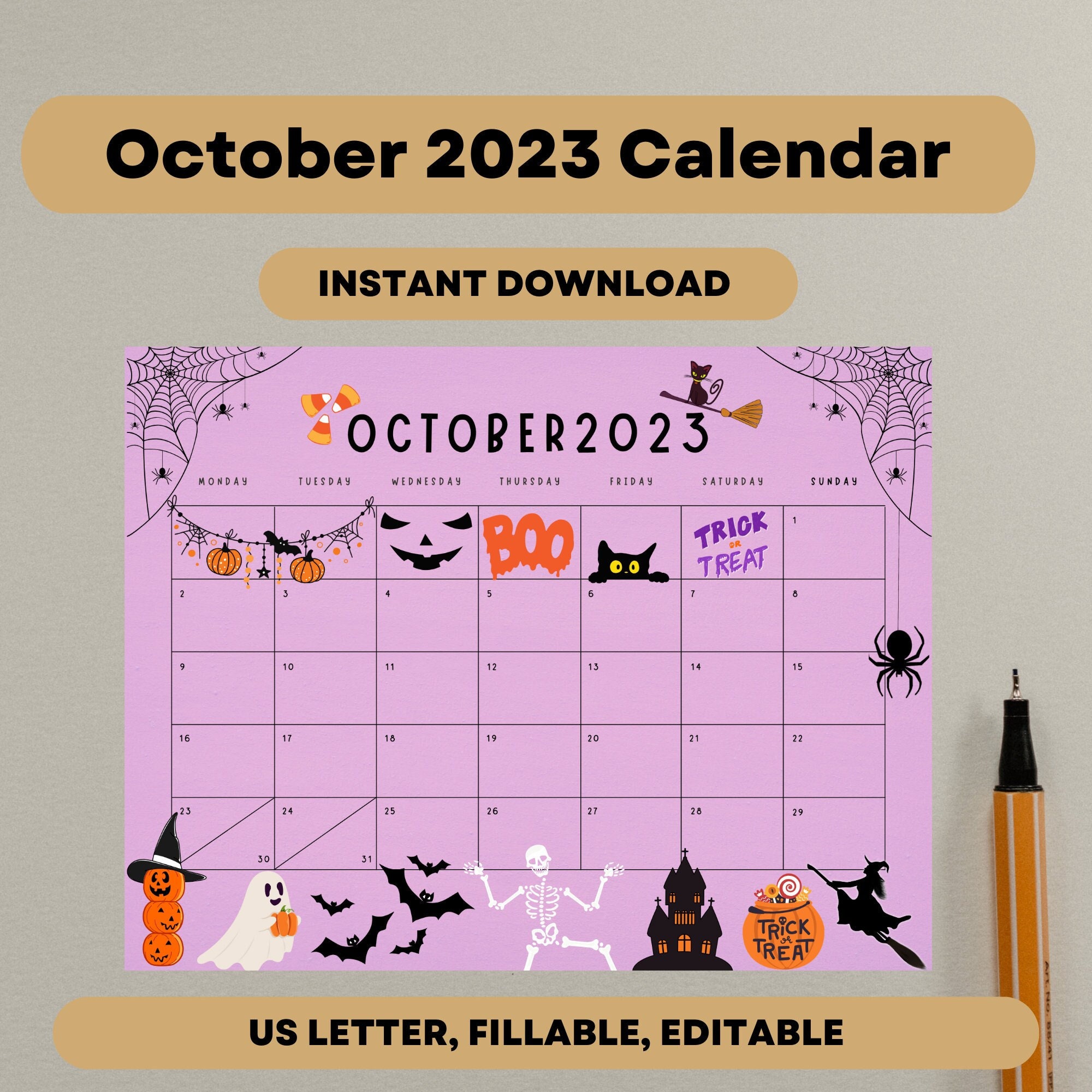 editable-october-2023-calendar-spooky-halloween-2023-planner-etsy