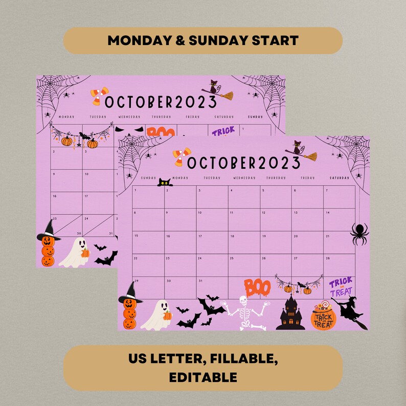 EDITABLE October 2023 Calendar Spooky Halloween 2023 Planner Etsy