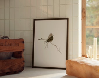 Ilustración de Pájaro en Tinta China estilo Sumi-e, Impresión digital, Lámina decorativa Ilustraciones de pájaros, Lámina decoración pared