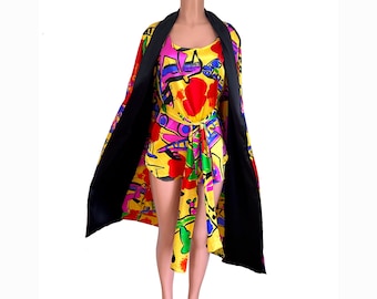 FLORA KUNG Pop Art NWT Silk Boxing Robe Kimono and Dresses 3-Pc Set - Rare