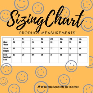 May include: Sizing chart for clothing with measurements in inches for chest width, sleeve length, and body length at the back. Sizes range from S to 5XL.