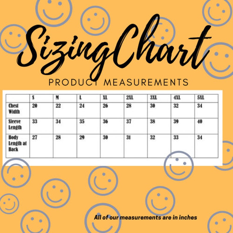 May include: Sizing chart for clothing with measurements in inches for chest width, sleeve length, and body length at the back. Sizes range from S to 5XL.