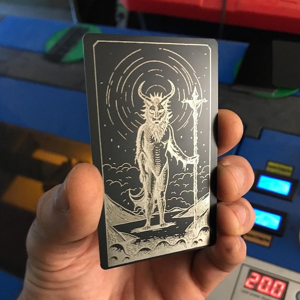 Spooky Devil Metal Engraving Gift, Surreal Gothic Illustration Evil Eerie Gatekeeper Demon Portal Anodized Aluminum Laser Engraved Giftcard
