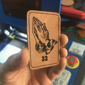 Praying Hands #33 Angel Number Leather Patch, Custom Leatherworking Laser Engraved Lucky Flash Tattoo Psychedelic Manifest Destiny Surreal