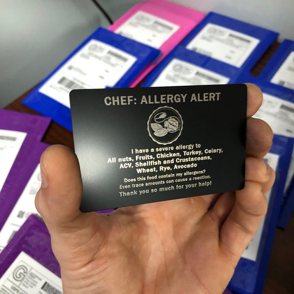 Personalized Metal Allergy Card Engraving, Custom Chef Alert Laser Engraved Anodized Aluminum Medical Peanut Shellfish Allergen GiftCards