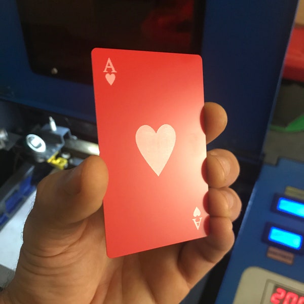 Metal Ace of Hearts Red or Black Laser Engraving Playing GiftCard: Anodized Aluminum Keep sake Gamer Player Game Gift