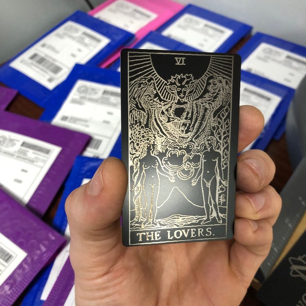 The Lovers Metal Tarot Giftcard Laser Engraving Matte Black/Silver Anodized Aluminum Giftcards Esoteric Celestial Spiritual Reader Gifts