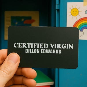 Distintivo identificativo in metallo certificato vergine con *il tuo nome qui* / Carta regalo scherzosa personalizzata, novità per il Ringraziamento, regalo divertente e inappropriato per un addio al celibato