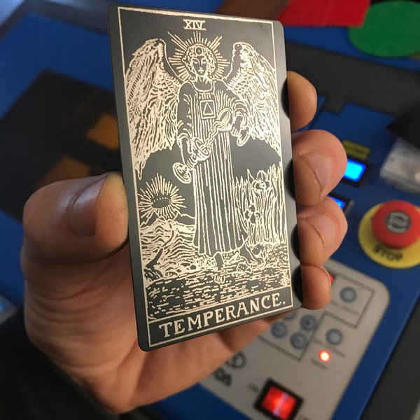 Metal Tarot Gift Card, Temperence Laser Engraving Matte Black/Silver Anodized Aluminum Giftcards Esoteric Surreal Psychedelic Goth Gifts