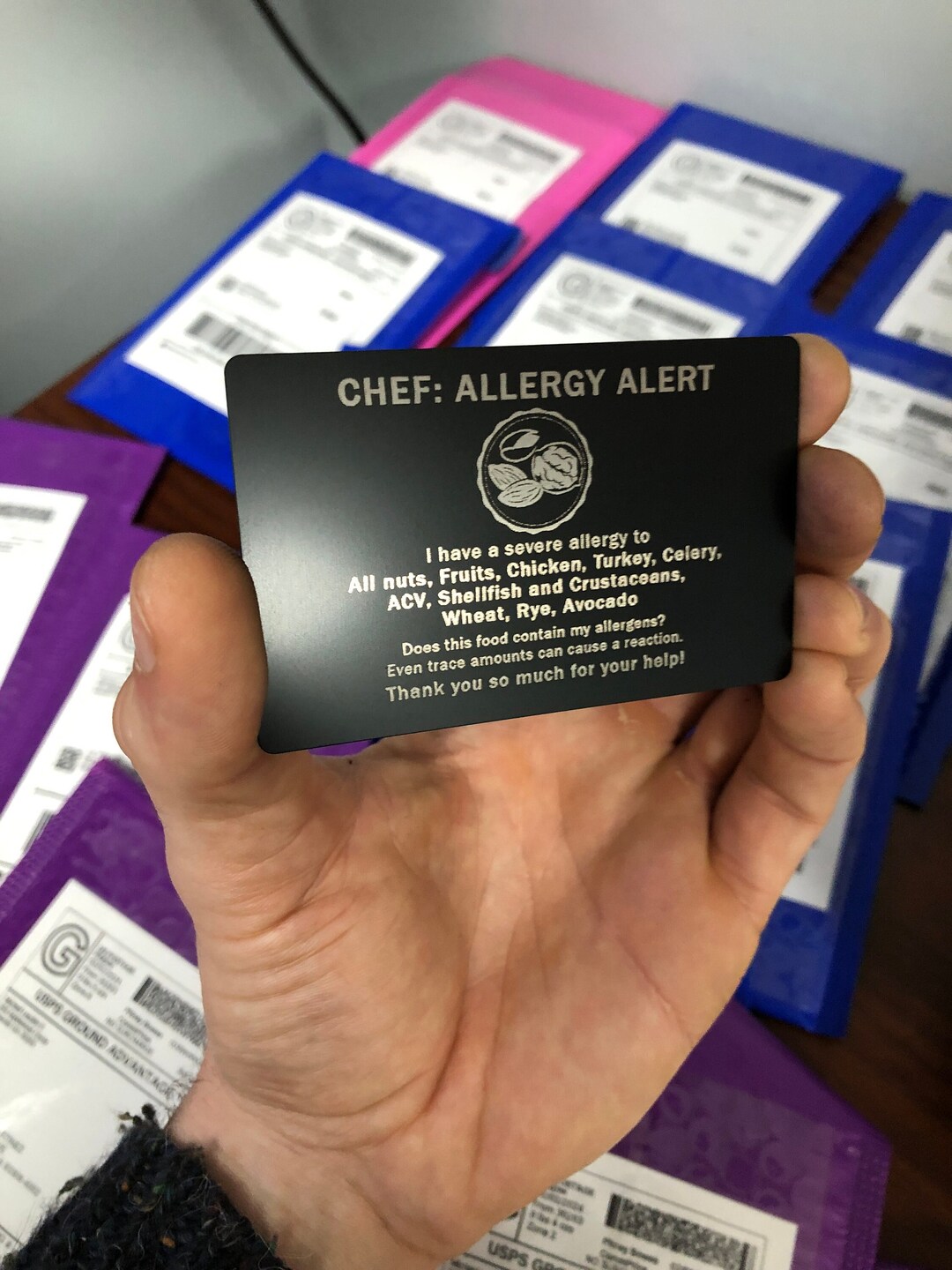 Personalized Metal Allergy Card Engraving, Custom Chef Alert Laser