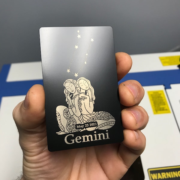 Custom Metal Gemini Twins Constellation Star Engraving, Anodized Aluminum Laser Engraved Horoscope Zodiac Birthday Gift Card