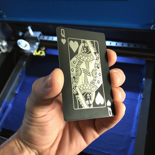 Custom Metal Gift Playing Card: Queen of Hearts Engraving, Anodized Aluminum Laser Engraved Gift for Gamers - Any Art or Text Personalizable