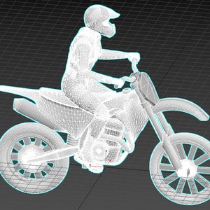 Könnte beinhalten: Ein weißes Drahtmodell einer Person, die ein Dirtbike fährt. Das Modell ist vor einem schwarz-weißen Gitterhintergrund platziert.