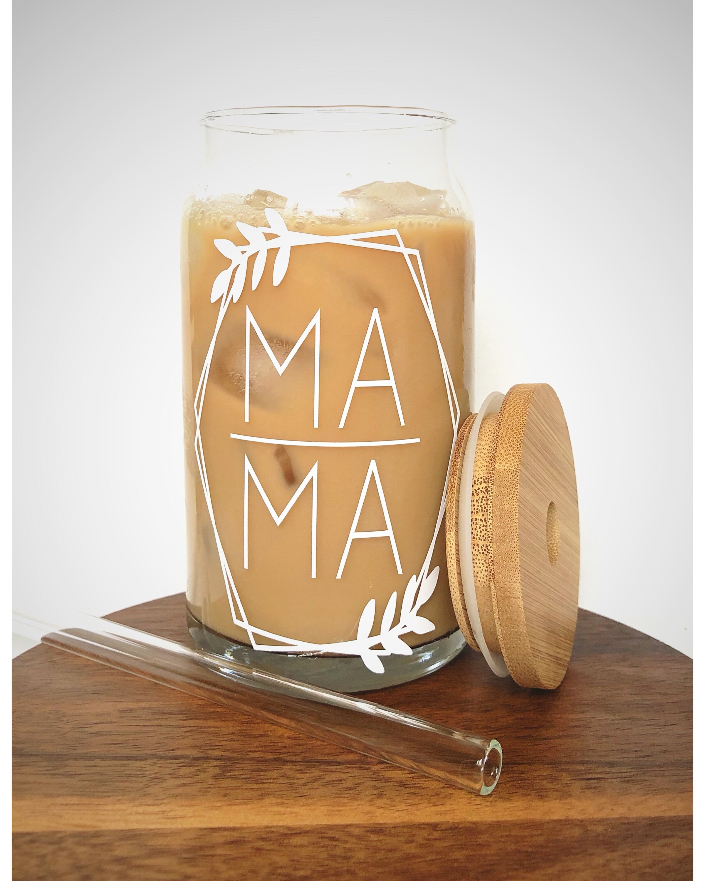 Drinkware Glass Can Iced Coffee Cup Mama Bamboo Lid Glass Straw ...