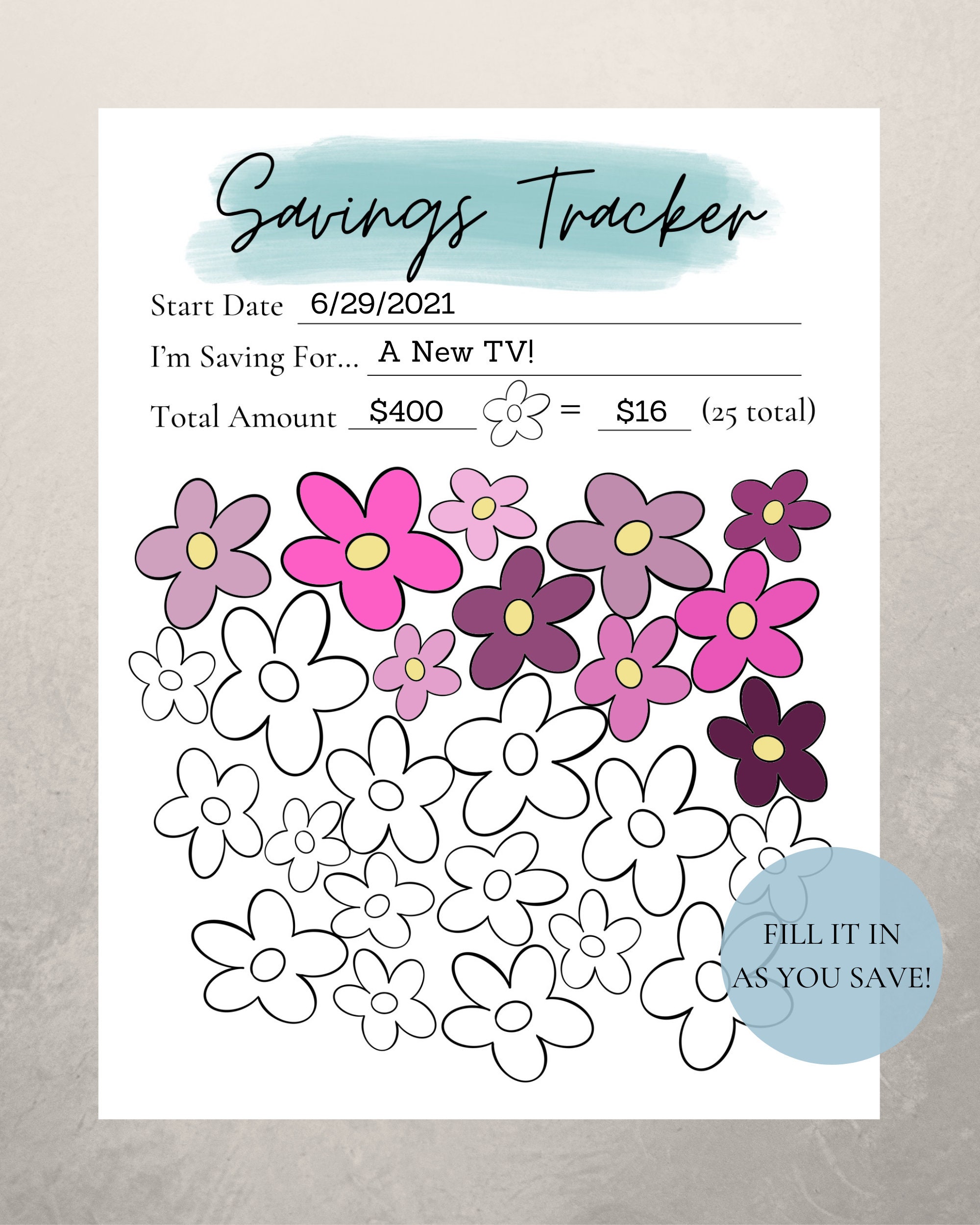 Cute Flower Savings Tracker Custom Savings Challenge Etsy France