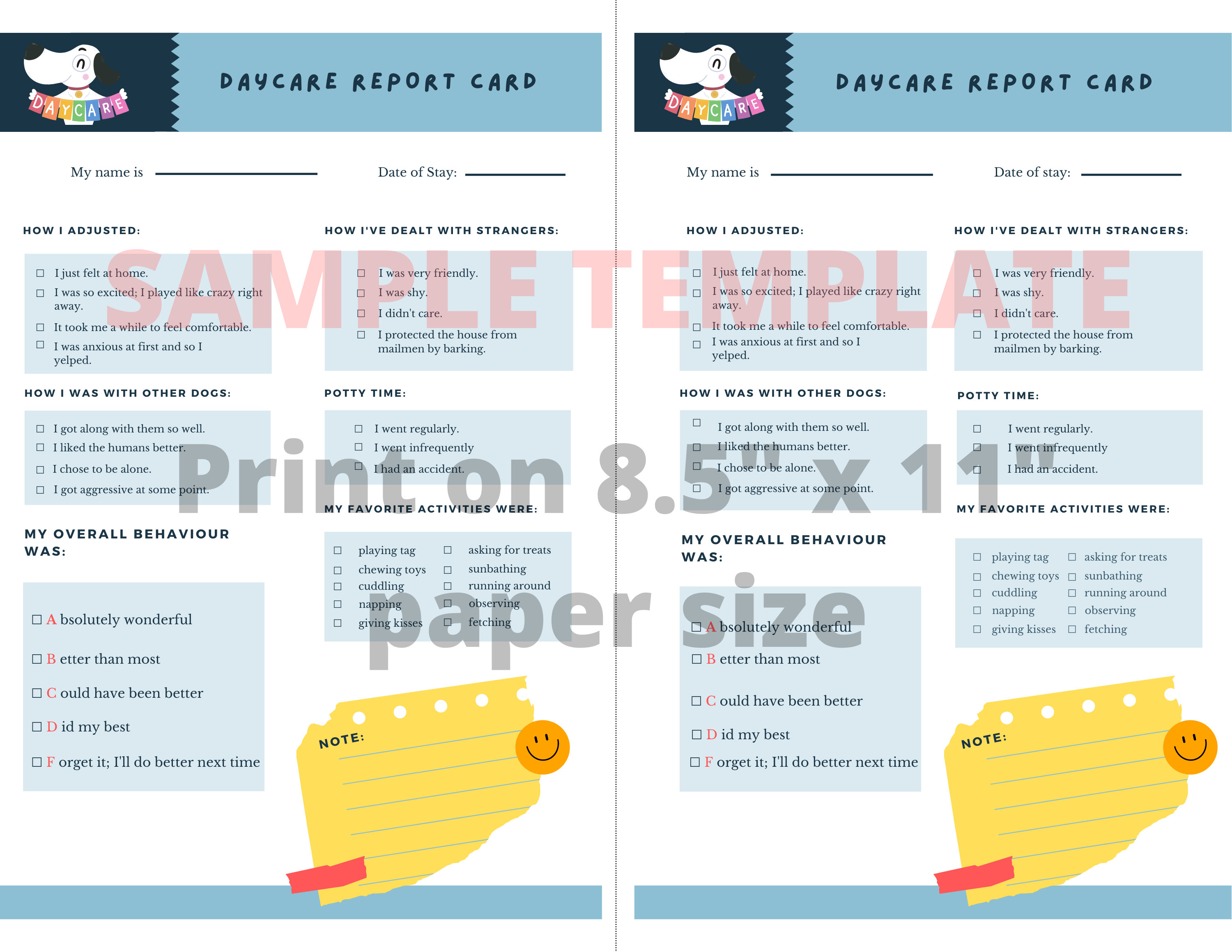 Printable Dog Daycare Report Card Template Printable Dog Daycare Report Card Template
