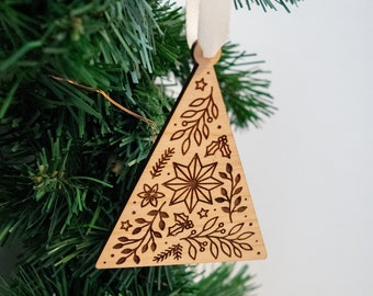 Festive Floral Tree Wood Ornament | Cherry | Wood Engraved Ornament | Holiday | Christmas