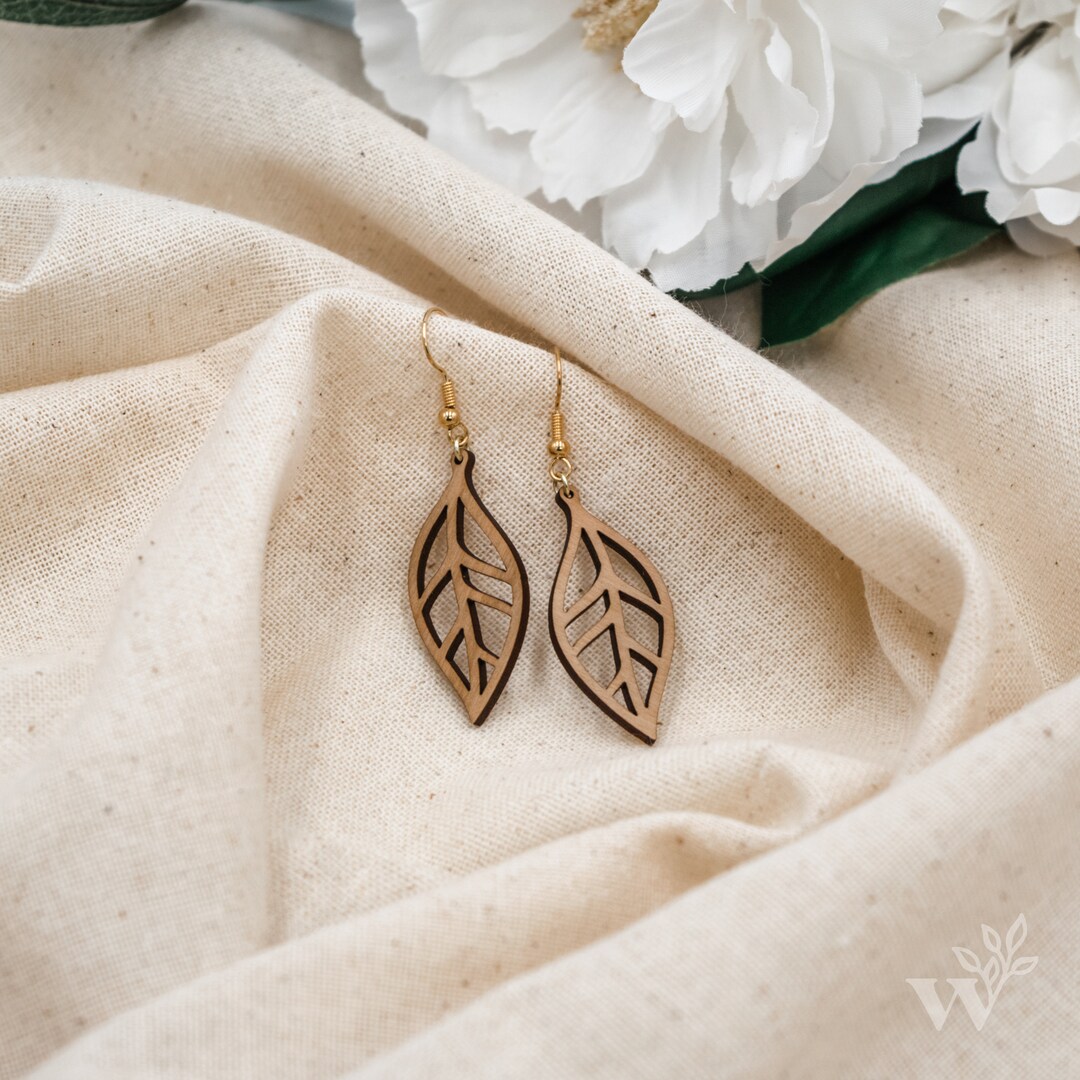 Leaf Mini Cherry Wood Earrings Laser Cut Statement Etsy
