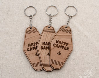 Happy Camper | Retro Motel Keychain | Cherry Hardwood | Wood Engraved Keychain | Modern Keychain