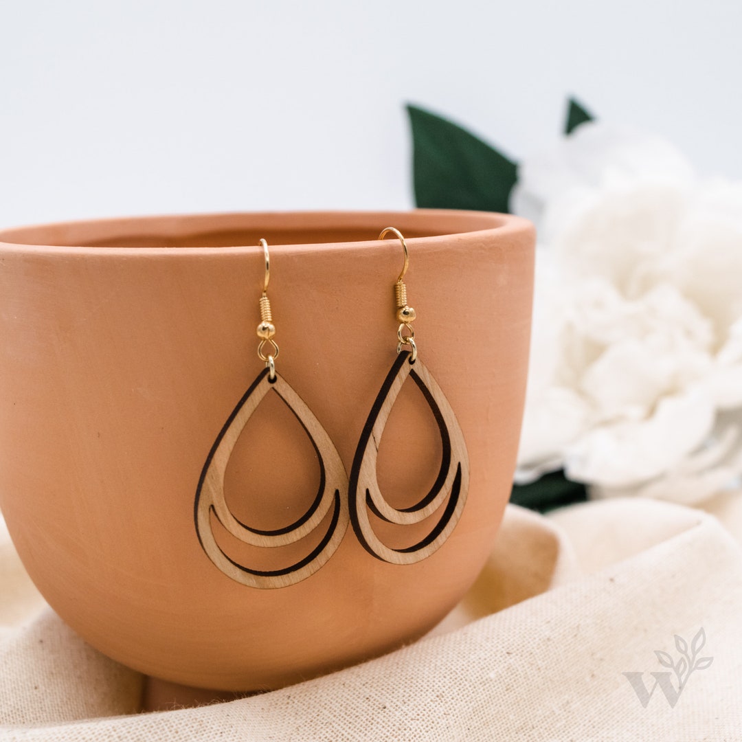 Dew Drop Cherry Wood Earrings Laser Cut Statement Earrings Lightweight