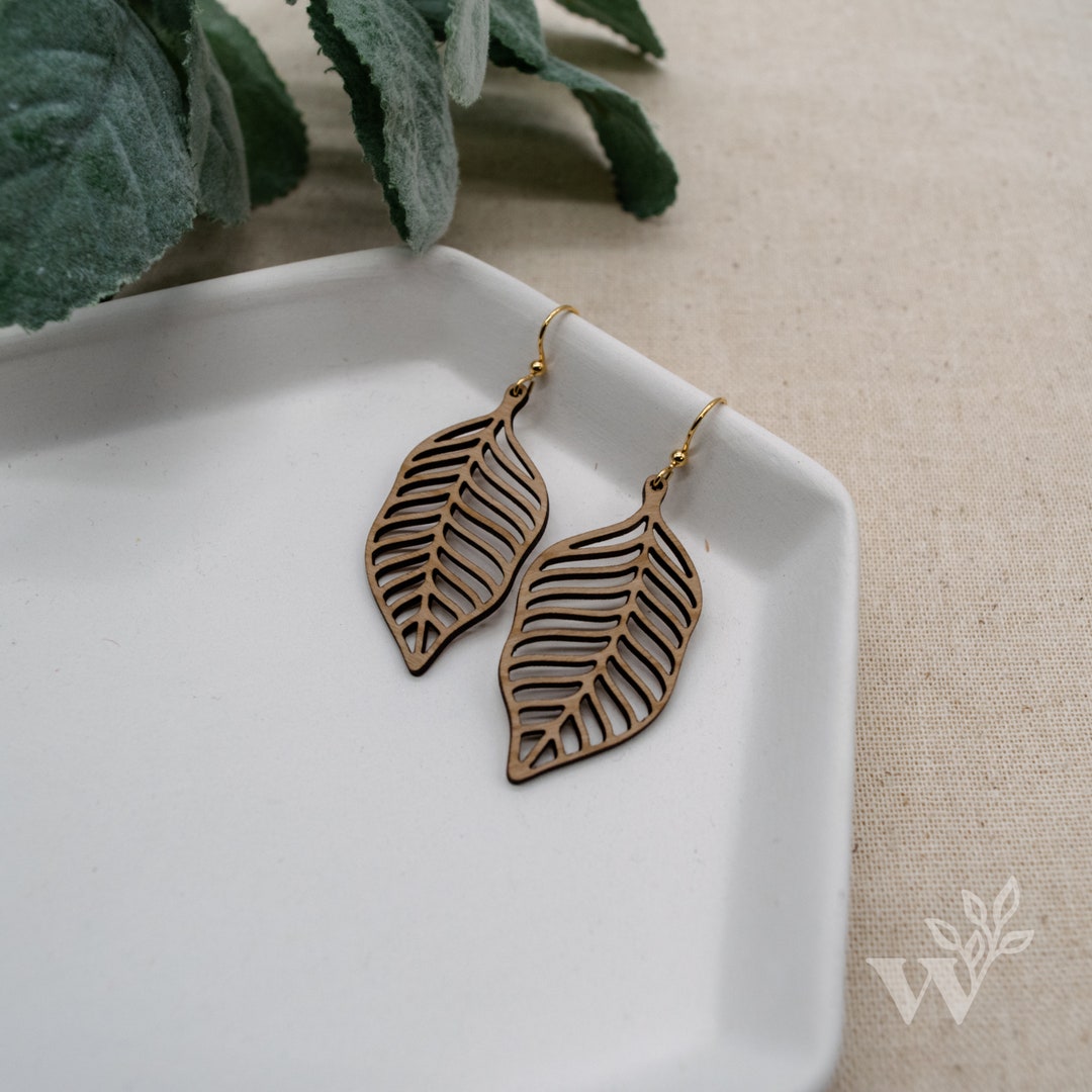 Leaf Cherry Wood Earrings Laser Cut Statement Earrings Lightweight