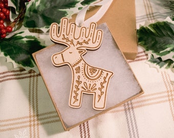 Folk Moose Wood Ornament | Maple | Wood Engraved Ornament | Holiday | Christmas