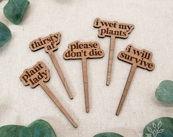 SET OF FIVE | Modern Plant Markers | Wood Engraved Plant Markers | House Plant Decor