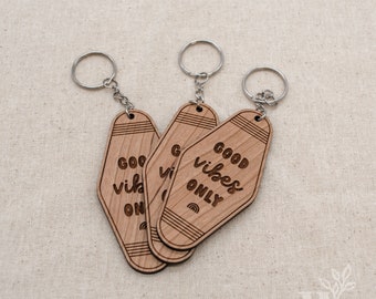 Good Vibes Only | Retro Motel Keychain | Cherry Hardwood | Wood Engraved Keychain | Modern Keychain
