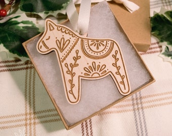 Folk Horse Wood Ornament | Maple | Wood Engraved Ornament | Holiday | Christmas