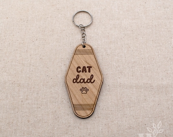 Cat Dad | Retro Motel Keychain | Cherry Hardwood | Wood Engraved Keychain | Modern Keychain