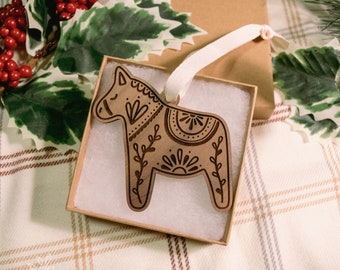 Folk Horse Wood Ornament | Walnut | Wood Engraved Ornament | Holiday | Christmas