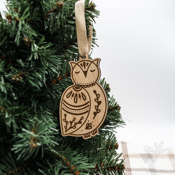 Folk Owl Wood Ornament | Maple | Wood Engraved Ornament | Holiday | Christmas | Woodland Animal Ornament