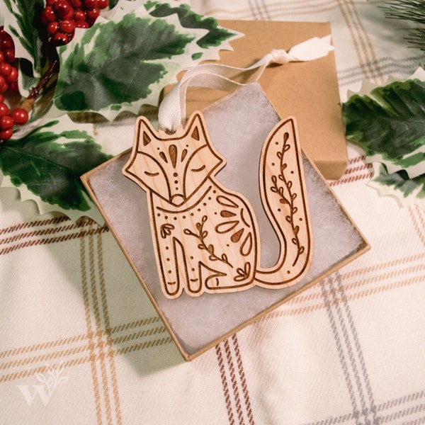 Folk Fox Wood Ornament | Cherry | Wood Engraved Ornament | Holiday | Christmas | Woodland Animal Ornament