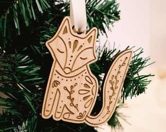 Folk Fox Wood Ornament | Maple | Wood Engraved Ornament | Holiday | Christmas