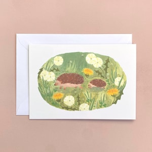 Carte de voeux Hérissons en pissenlits - carte de voeux animaux illustrés / carte d'anniversaire hérisson / carte de voeux nature