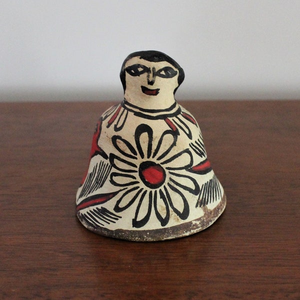 Primative hand painted small Mexican bell with bird and flower motif