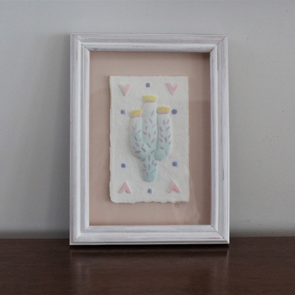 Framed hand-cast paper of colorful Saguaro cactus by Figi Graphics
