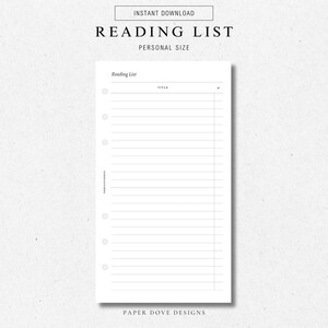 Reading List Tracker | Printable Planner Insert | PERSONAL | Weekly Agenda, Instant Download, Personal Planner Insert, Digital Insert